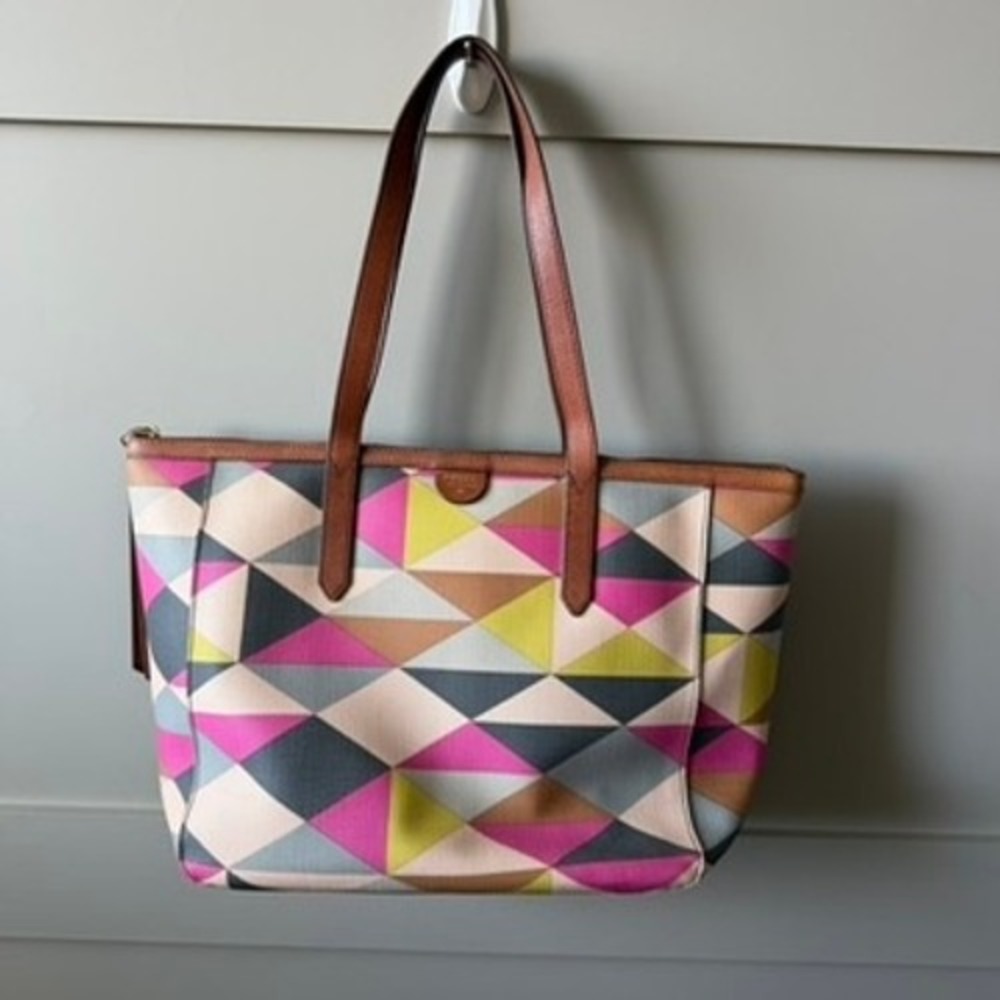 Fossil Sydney Tote Bag Womens Large Geometric Triangle Leather Trim Zip Top